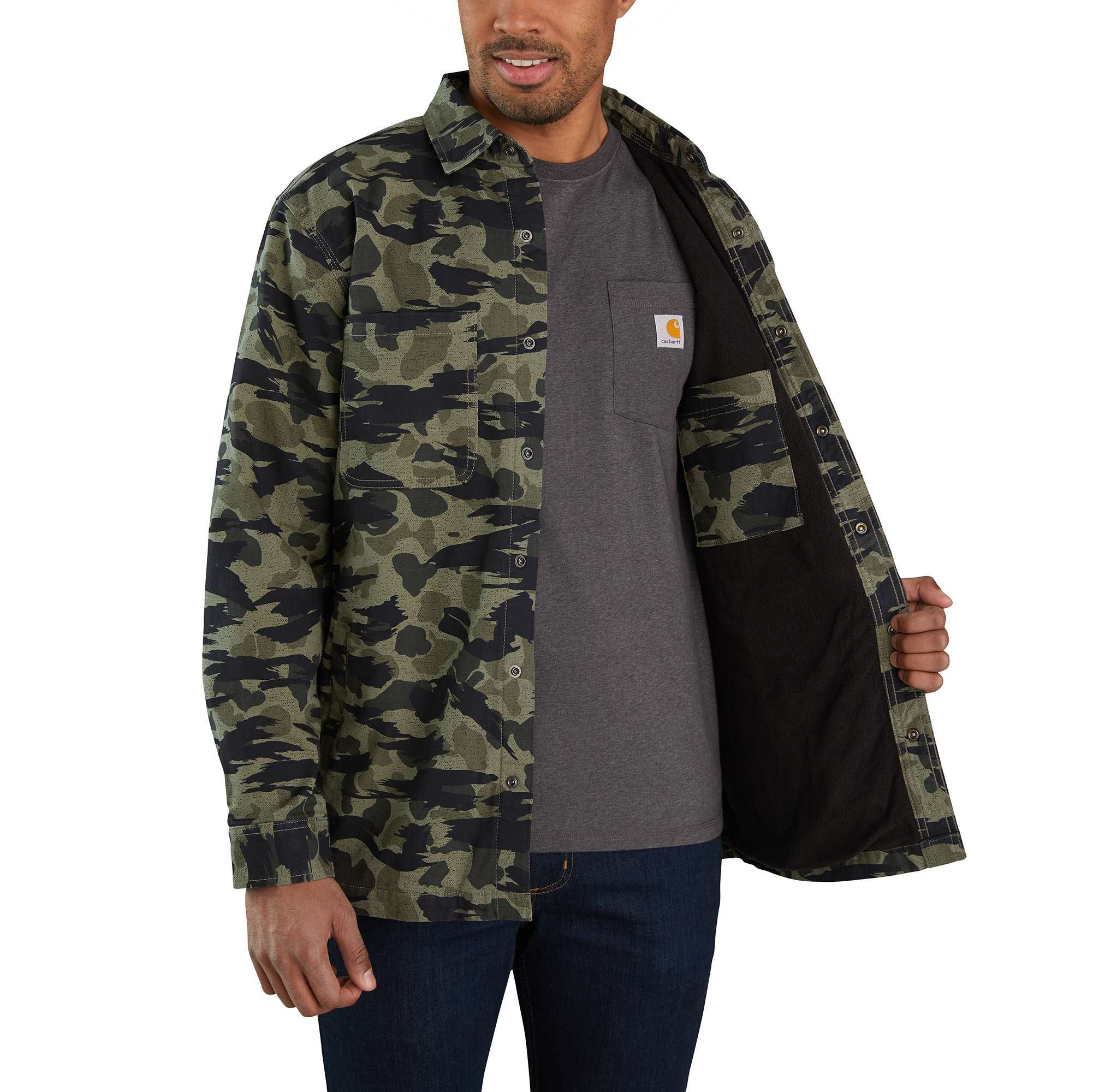 Rugged Flex® Relaxed Fit Canvas Fleece-Lined Snap-Front Camo Shirt Jac - Image 3